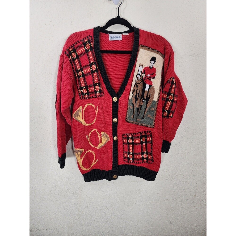 Vintage BellePointe Womens L Sweater Cardigan Equestrian Fox Hunt Plaid Ramie
